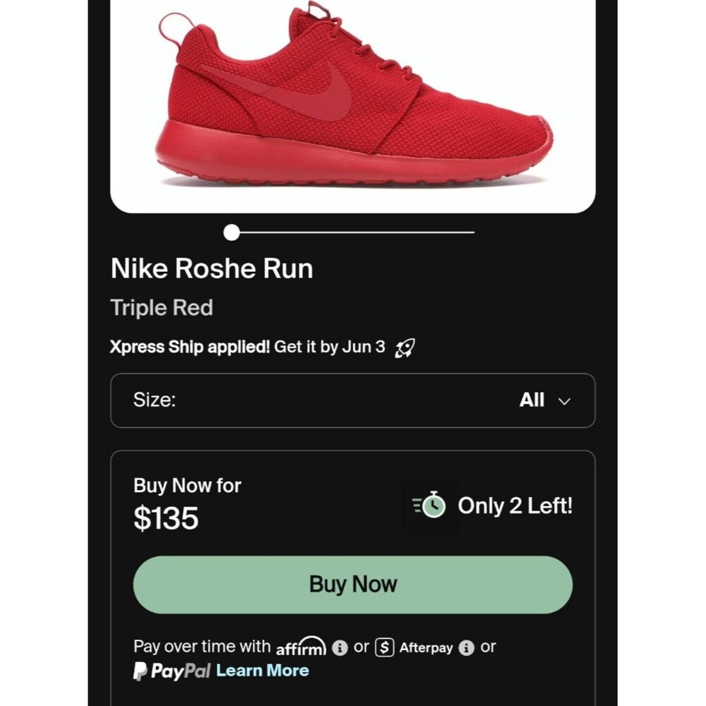 MENS SIZE 11.5 TRIPLE RED NIKE ROSHE RUN - Picture 2 of 10